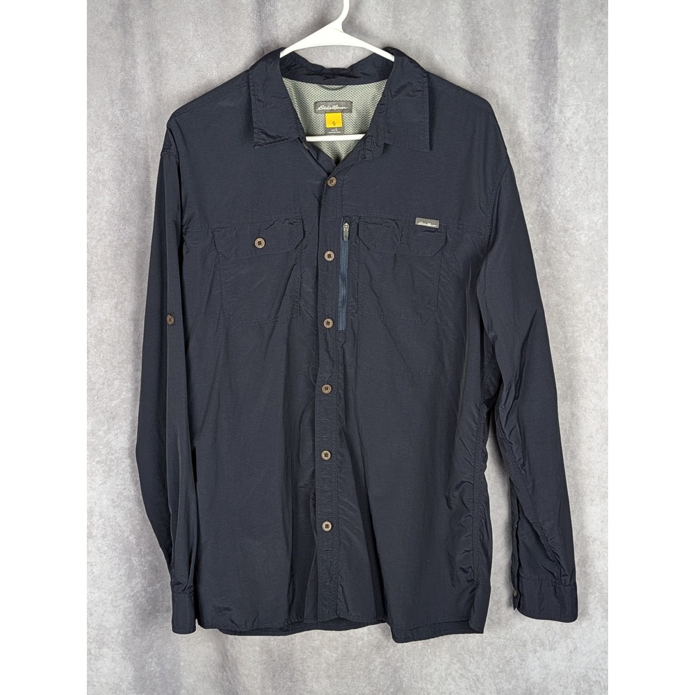 Eddie Bauer Ascent Men Large Blue Long Sleeve Hiking Button Down Shirt-C251